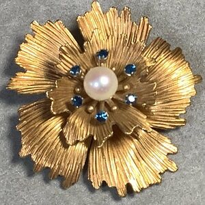 Vintage Kermentz Culture pearl, blue rhinestone, gold flower brooch